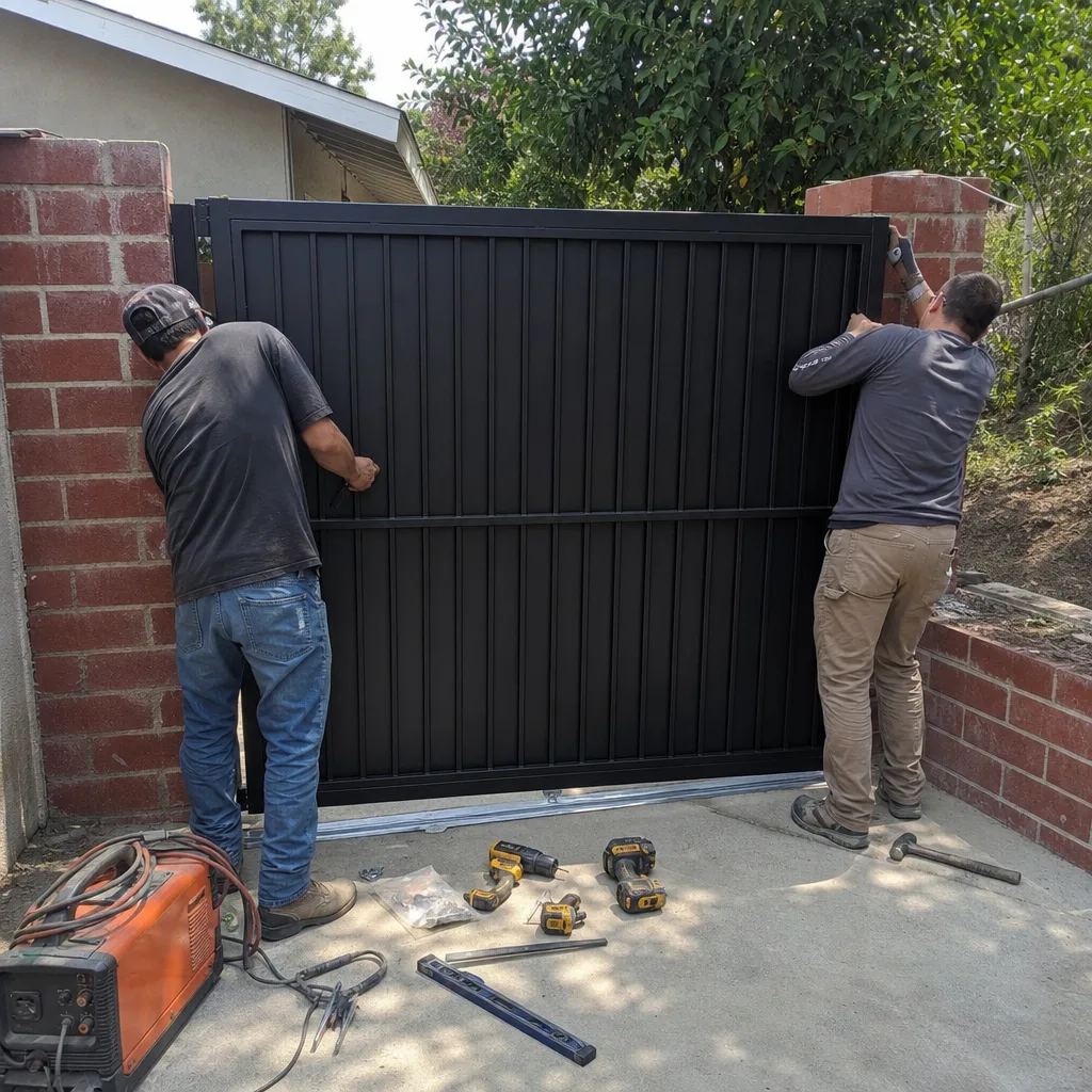 Two contractors installing a new black metal gate at a residential property