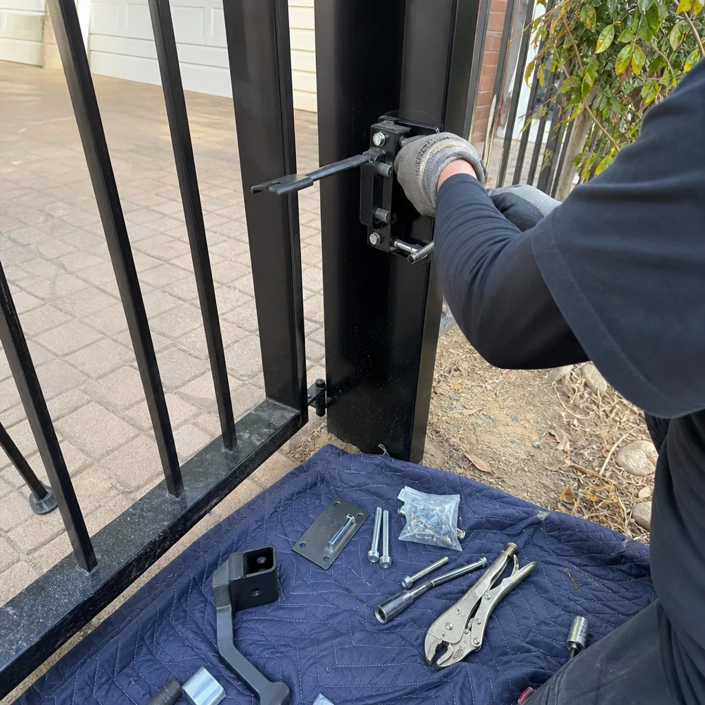 Technician performing professional gate latch repair on a black metal gate.
